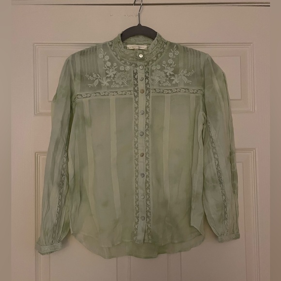 Love Shack Fancy Tops - Ronda Embroidered Sleeve Blouse— Love Shack Fancy (Moss Green)